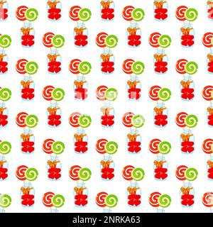 Seamless pattern with a transparent glass jar filled with sweet and colorful lollipop candies on sticks. For decorating walls, fabrics, and gift wrap. Stock Vector
