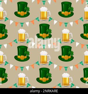Celebrate St. Patrick's Day with this seamless pattern featuring a garland of Irish flag-inspired triangles, green leprechaun hat, full pint of beer. Stock Vector