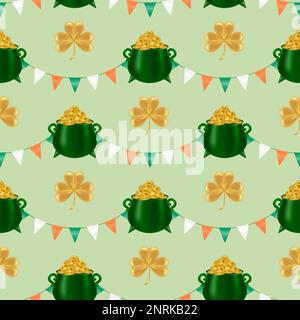 Seamless St. Patrick's Day pattern with Irish flag-inspired garland, golden shamrock, and a pot of gold coins. Perfect for wallpapers, fabrics, and wr Stock Vector