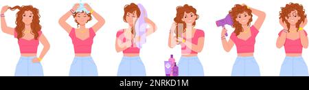 Curly hair process. Curl girl method concept, beautiful women with wash head use haircare tools wet hair care applicator, caring cosmetic product spray, vector illustration of care and treatment Stock Vector