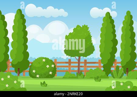 Garden hedge landscape. Empty fenced backyard, country jardin park with wooden fence, trees flower bush and green grass lawn for summer picnic barbecue, cartoon vector illustration Stock Vector