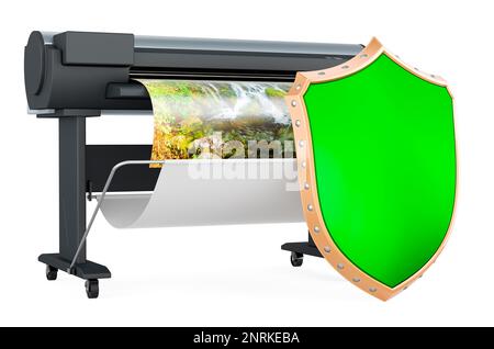 Plotter, large format inkjet printer with shield, 3D rendering isolated on white background Stock Photo