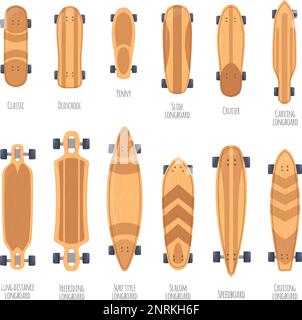 Skateboard types. Wood deck skateboards, boardwalk longboard different shapes hipster teenager skater retro skateboarding street freeride board balance, neat vector illustration of skateboard deck Stock Vector