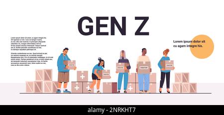 young people holding donation help boxes with medical supplies humanitarian aid material assistance generation Z Stock Vector