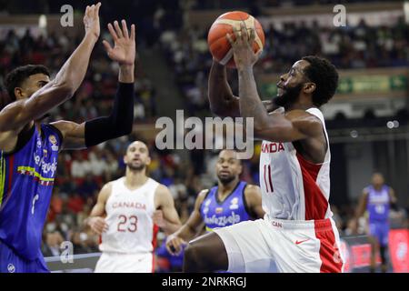 CARACAS, VENEZUELA - FEBRUARY 26: Canada's Keny Cherry shoots to score against Venezuela during the Americas qualifiers for the FIBA Basketball World Cup 2023 basketball game, at Poliedro de Caracas, in Caracas, Venezuela , on February 26, 2023. Credit: Px Images/Alamy Live News Stock Photo
