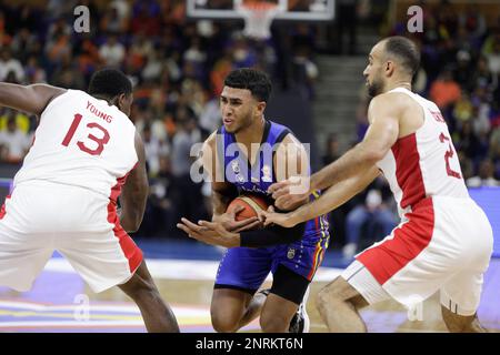 CARACAS, VENEZUELA - FEBRUARY 26: Garly Sojo of Venezuela competes for the ball with Phil Scrubb of Canada during the FIBA Basketball World Cup 2023 Americas Qualifiers basketball game, Poliedro de Caracas, in Caracas, Venezuela, on February 26, 2023. (Photo by Pedro Rances Mattey/Pximages) Credit: Px Images/Alamy Live News Stock Photo