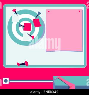 Vector illustration with school whiteboard. Papers contain brand new important information and agenda. Bright colored background. Dartboard hanging on Stock Vector