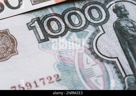 One thousand Russian rubles banknote close up detail.  Russian Federation currency. Stock Photo