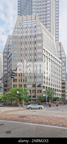 Pittsburgh Downtown: Sleek postmodern BNY Mellon Center has a coated steel façade that helps to support the tower. View from south. Stock Photo