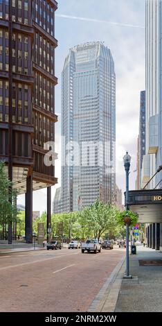 Pittsburgh Downtown: Sleek postmodern BNY Mellon Center has a coated steel faÃ§ade that helps to support the tower. Stock Photo