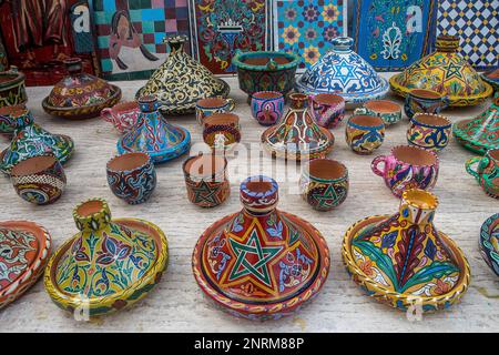 Tajine pottery for sale, souvenir shop, street market, in  Kasbah of the Udayas, Rabat. Morocco Stock Photo