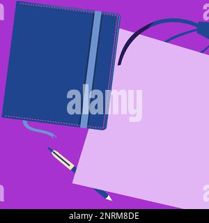 Notebook laying on desk. Blank paper near books. Bright colored vector illustration. Pencil, pen, different school office supplies. Empty space for Stock Vector