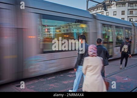 Tram, in Mohammed V avenue, Rabat. Morocco Stock Photo