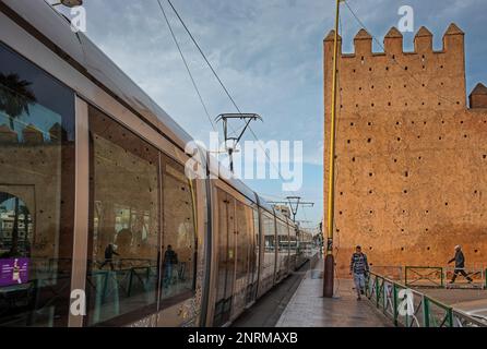 Tram and medina walls, in Hassan II avenue, Rabat. Morocco Stock Photo