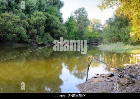 A fishing rod stands on the bank of a small river in the summer without  people in Russia Stock Photo - Alamy