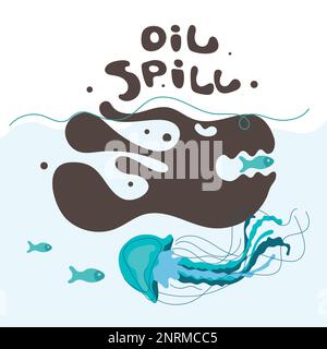 Dirty ocean environment. The sea animals, fish, jellyfish die out and swim with mineral oil. Vector illustration with climate change, SAVE EARTH NOW Stock Vector