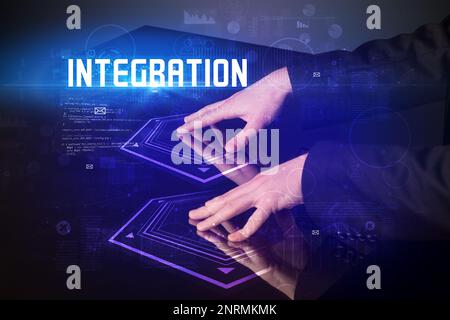 Hand touching digital table concept Stock Photo