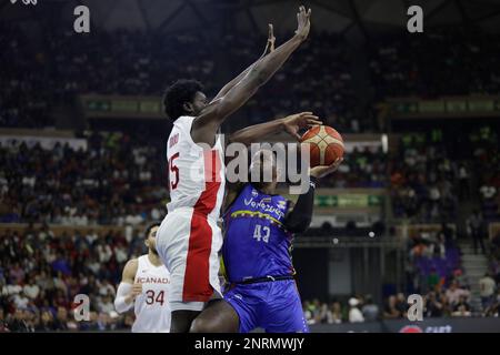 February 26, 2023, Caracas, Caracas/Venezuela, Venezuela: CARACAS, VENEZUELA - FEBRUARY 26: Nestor Colmenares of Venezuela shoots to score against Canada during the Americas qualifiers for the FIBA ''‹''‹Basketball World Cup 2023 basketball game, at Poliedro de Caracas, in Caracas, Venezuela, on February 26, 2023. (Credit Image: © Pedro Rances Mattey/PX Imagens via ZUMA Press Wire) EDITORIAL USAGE ONLY! Not for Commercial USAGE! Stock Photo