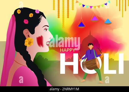 Beautiful happy woman playing Holi with colors. Colorful greeting card for Holi festival. Stock Vector