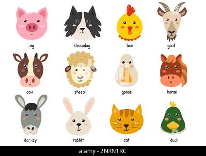 Cute farm animal faces for baby and children design. Funny heads of farm characters Stock Vector