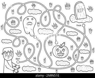 Help cute zombie find path to the tomb. Black and white Halloween maze game Stock Vector