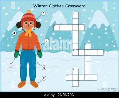 Winter clothes crossword puzzle for kids. Educational game with cute girl Stock Vector