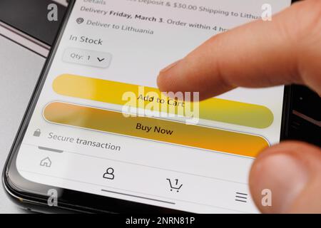 Vilnius, Lithuania - 2023 February 27: Add to card and Buy now buttons at Amazon shop. High quality photo Stock Photo