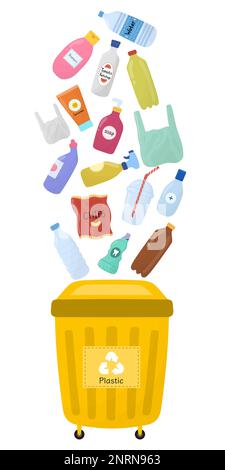 Plastic garbage and a yellow trash can with bottles and packages Stock Vector