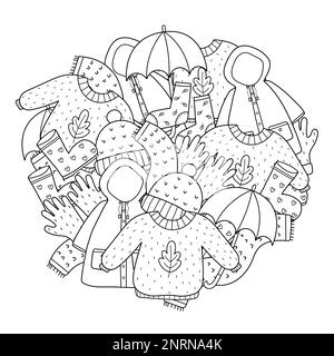 Cozy autumn clothes circle shape coloring page. Doodle warm clothes mandala Stock Vector