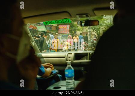 Kathmandu, Nepal, 04 23 2022: view on crowds out of a car in Kathmandu Stock Photo