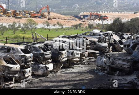 Hawara, Gaza. 27th Feb, 2023. A view of cars burned by Israeli settlers in a revenge attack after two Israeli brothers were killed yesterday by a Palestinian gunman in Hawara, in the West Bank, on Monday, February 27, 2023. Photo by Debbie Hill/ Credit: UPI/Alamy Live News Stock Photo