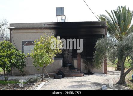 Hawara, Gaza. 27th Feb, 2023. A view of a house burned by Israeli settlers in a revenge attack after two Israeli brothers were killed yesterday by a Palestinian gunman in Hawara, in the West Bank, on Monday, February 27, 2023. Photo by Debbie Hill/ Credit: UPI/Alamy Live News Stock Photo