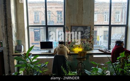 Work in a coworking space, in Tbilisi (Georgia) Stock Photo