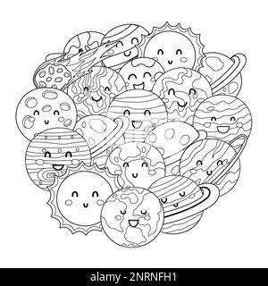 Cute planets circle shape pattern. Solar system planets coloring page Stock Vector