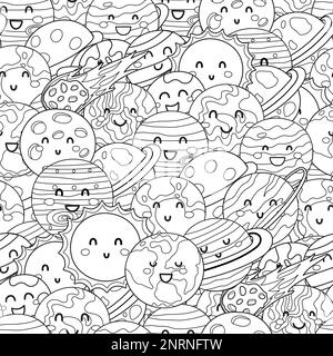 Cute planets space seamless pattern. Solar system planet characters black and white coloring page Stock Vector