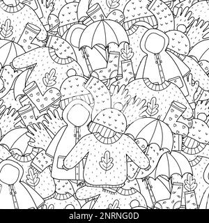 Cozy autumn clothes seamless pattern. Doodle warm clothes coloring page Stock Vector