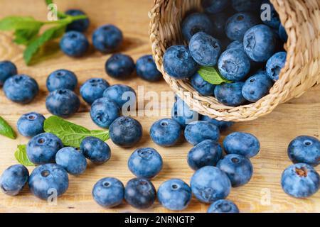 Freshly picked juicy and fresh blueberries with green mint leaves in light wooden basket on rustic table. Bilberry on horizontal wooden background. He Stock Photo