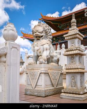 Bronkhorstspruit, South Africa, 26th February - 2023: Large stone carving of lion at Africa's largest Buddhist temple. Stock Photo