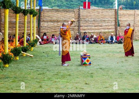 Buddhist monks at Paro religious ceremony. Bhutan Stock Photo