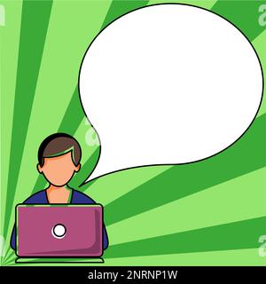 Man sitting at the table with laptop. Big white speech bubble for text overhead. Empty Dialog box on bright colored background. Vector drawing Stock Vector