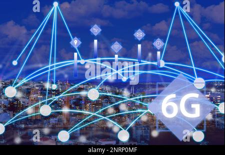 6G network wireless system. Beautiful cityscape and network connection lines Stock Photo