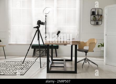Ring light, camera and microphone for blogging in room Stock Photo