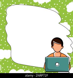 Man sitting at the table with laptop. Big white speech bubble for text overhead. Empty Dialog box on bright colored background. Vector drawing Stock Vector