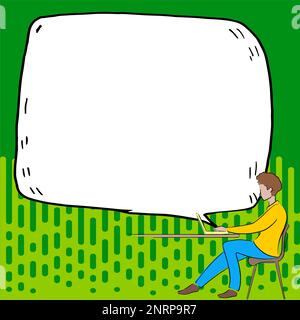 Man sitting at the table with laptop. Big white speech bubble for text overhead. Empty Dialog box on bright colored background. Vector drawing Stock Vector