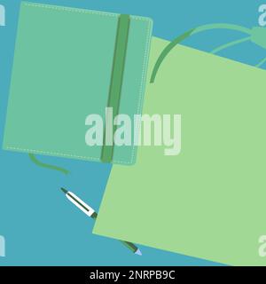 Notebook laying on desk. Blank paper near books. Bright colored vector illustration. Pencil, pen, different school office supplies. Empty space for Stock Vector
