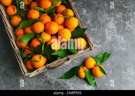 Tangerines (oranges, mandarins, clementines, citrus fruits) with leaves in wooden basket on gray cement background. Citrus organic vegetarian food. Wi Stock Photo
