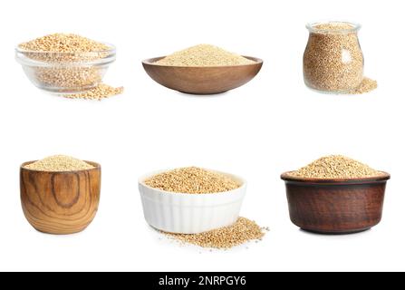 Set with raw quinoa in white background Stock Photo