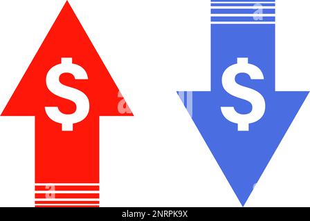 Dollar price increase arrow and dollar price decrease arrow icon set. Exchange rate. Editable vector. Stock Vector