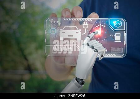 Robotic hand touching or pressing digital interface improving and energy saving productivity in technology and business processes, IOT and renewable e Stock Photo