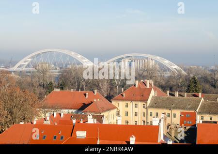 Novi Sad, Serbia. July - 25. 2022. Zezelj bridge on river Danube in Novi Sad. View of the Zezelje Bridge on the Danube in Novi Sad from the Petrovarad Stock Photo